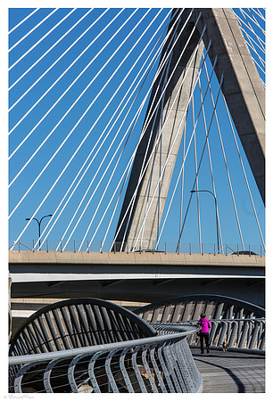 Femme en rose sur un pont